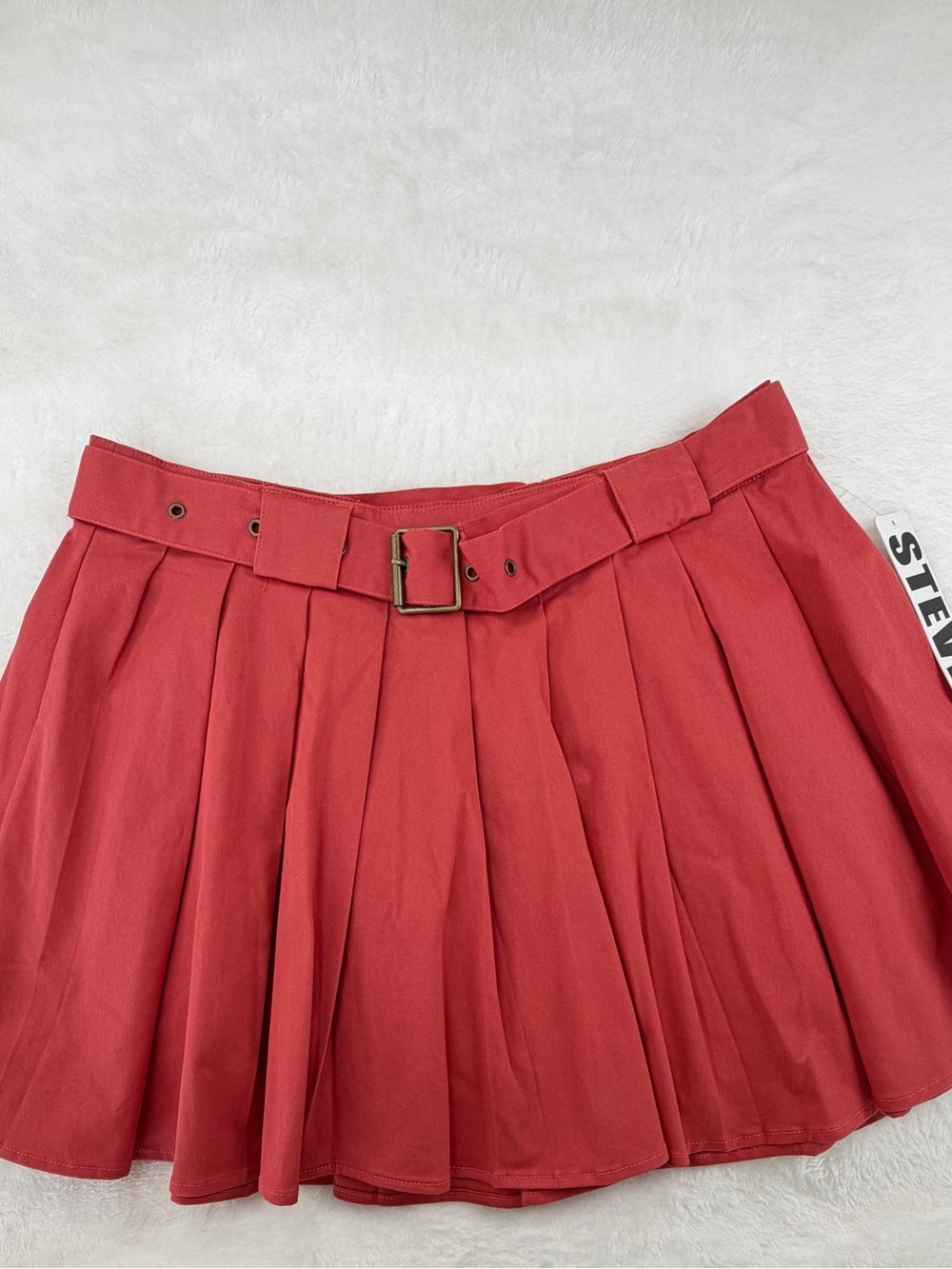 Steve Madden Coral-Red Pleated Mini Skirt with Belt